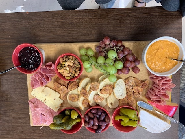 PIckles, olives, brie and gouda, red pepper humas